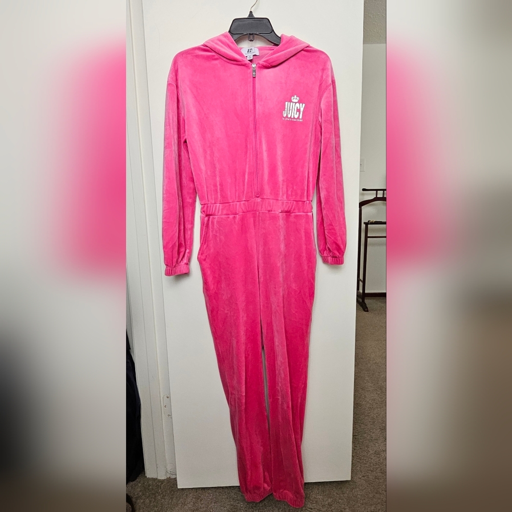 Juicy Couture Vibrant Hot Pink Velour Hooded Jumpsuit XS